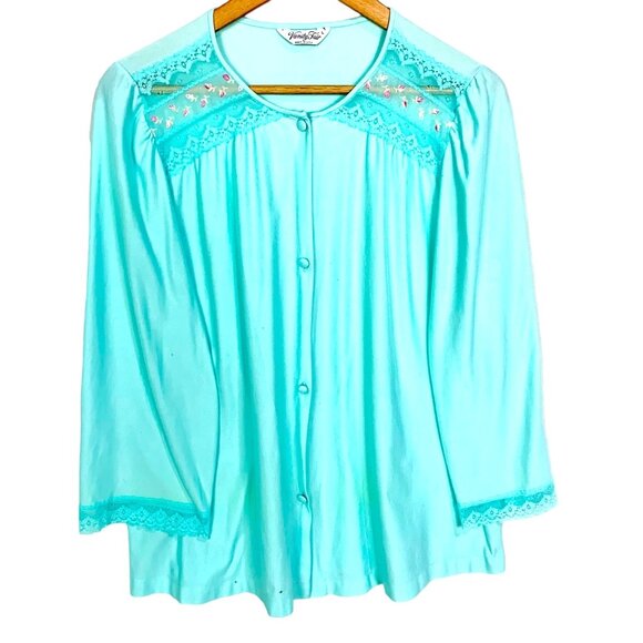 Vintage Vanity Fair Mint Green Lingerie Pegnior Top Button Up L Lace Embroidered - Picture 1 of 7